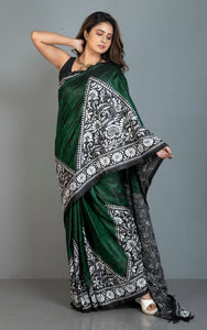 Pure Silk Hand Embroidery Hand Batik Kantha Stitch Saree in Bottle Green, Black and Off White Thread Work