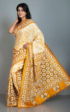 Pure Silk Hand Embroidery Hand Batik Kantha Stitch Saree in Beige, Golden Yellow, Black and Off White Thread Work