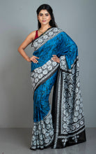 Pure Silk Hand Embroidery Hand Batik Kantha Stitch Saree in Sapphire Blue, Black and Off White Thread Work