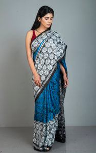 Pure Silk Hand Embroidery Hand Batik Kantha Stitch Saree in Sapphire Blue, Black and Off White Thread Work