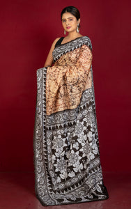 Pure Silk Hand Embroidery Hand Batik Kantha Stitch Saree in Parmesan, Snuff Brown and Off White Thread Work