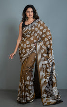 Hand Embroidery Blended Silk Kantha Work Saree in Walnut Brown and Off White Thread Work