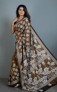 Hand Embroidery Blended Silk Kantha Work Saree in Walnut Brown and Off White Thread Work