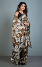 Hand Embroidery Blended Silk Kantha Work Saree in Walnut Brown and Off White Thread Work