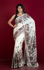 Hand Embroidery Blended Silk Kantha Work Saree in Off White and Mocha Brown Thread Work