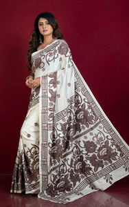 Hand Embroidery Blended Silk Kantha Work Saree in Off White and Mocha Brown Thread Work