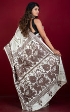 Hand Embroidery Blended Silk Kantha Work Saree in Off White and Mocha Brown Thread Work