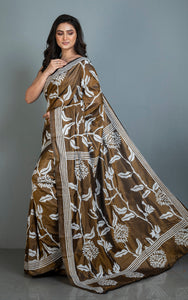 Hand Embroidery Blended Silk Kantha Work Saree in Snuff Brown and Off White Thread Work