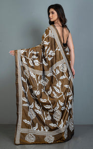 Hand Embroidery Blended Silk Kantha Work Saree in Snuff Brown and Off White Thread Work