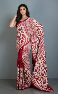 Hand Embroidery Blended Silk Kantha Work Saree in Maroon, Off White and Warm Beige Thread Work