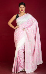 Hand Embroidery Blended Silk Kantha Work Saree in Off White and Blush Pink Thread Work