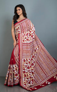 Hand Embroidery Blended Silk Kantha Work Saree in Maroon, Off White and Warm Beige Thread Work