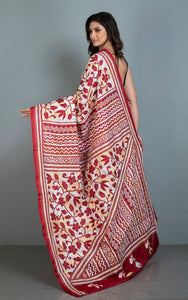 Hand Embroidery Blended Silk Kantha Work Saree in Maroon, Off White and Warm Beige Thread Work