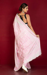 Hand Embroidery Blended Silk Kantha Work Saree in Off White and Blush Pink Thread Work