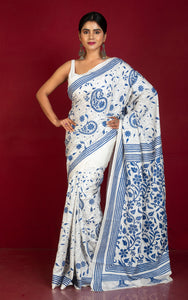 Hand Embroidery Blended Silk Kantha Work Saree in White and Cerulean Blue Thread Work