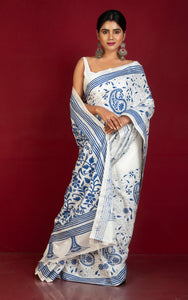 Hand Embroidery Blended Silk Kantha Work Saree in White and Cerulean Blue Thread Work