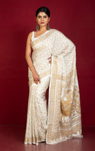 Hand Embroidery Blended Silk Kantha Work Saree in Off White and Snuff Brown Thread Work