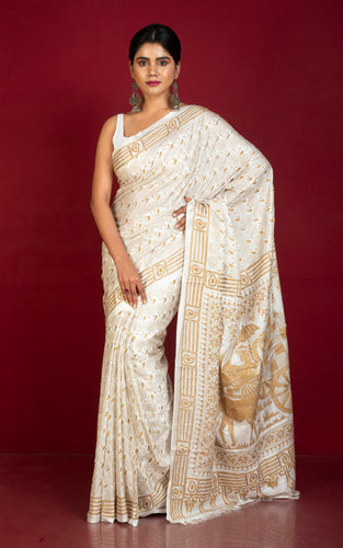 Hand Embroidery Blended Silk Kantha Work Saree in Off White and Snuff Brown Thread Work