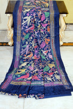 Hand Embroidery Kanthastitch Work Pure Silk Saree in Cloudburst Blue, Off White and Multicolored