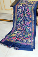 Hand Embroidery Kanthastitch Work Pure Silk Saree in Cloudburst Blue, Off White and Multicolored