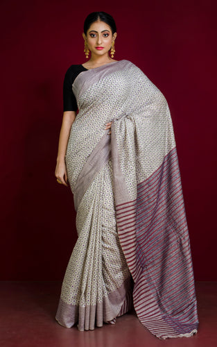 Pure Silk Hand Embroidery Kantha Stitch Saree in Light Beige, Copper Brown, Purple and Black