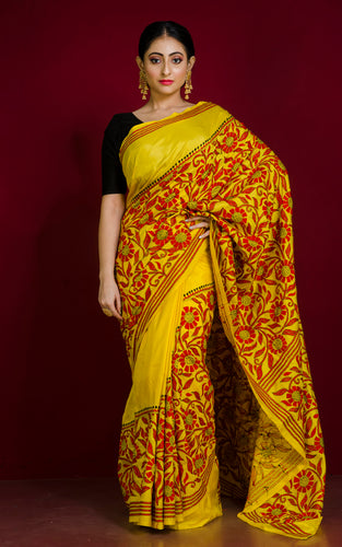 Pure Silk Hand Embroidery Kantha Stitch Saree in Bright Yellow, Red and Black