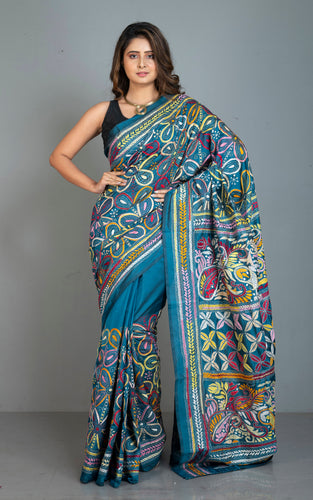 Hand Embroidery Blended Silk Kantha Work Saree in Aegean Blue and Multicolored Thread Work