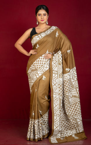 Premium Quality Hand Embroidery Kantha Work on Pure Gachi Tussar Saree in Coffee Brown and Off White