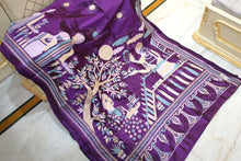 Hand Embroidery Kanthastitch Work Pure Silk Saree in Purple, Vanilla, Cyan and Off White