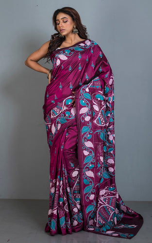 Pure Silk Hand Embroidery Kantha Stitch Saree in Boysenberry, Teal and Off White