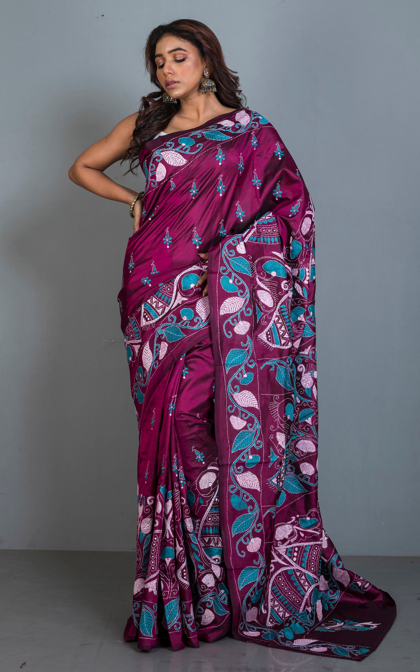 Pure Silk Hand Embroidery Kantha Stitch Saree in Boysenberry, Teal and Off White