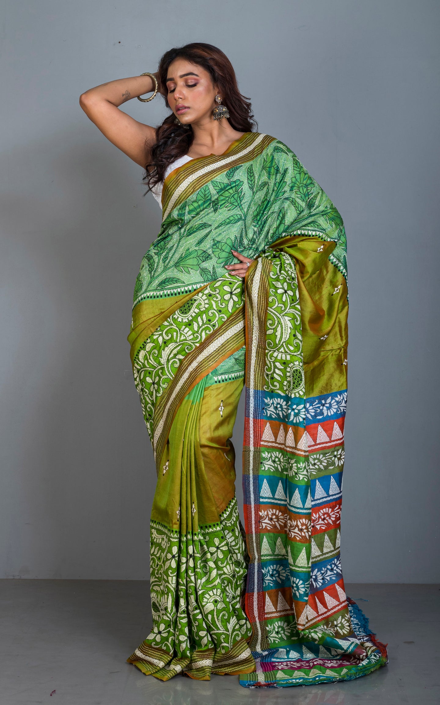 3D Nakshi Kantha Stitch Work Pure Silk Saree in Green, Off White, Black and Multicolored