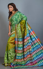 3D Nakshi Kantha Stitch Work Pure Silk Saree in Green, Off White, Black and Multicolored