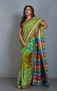 3D Nakshi Kantha Stitch Work Pure Silk Saree in Green, Off White, Black and Multicolored