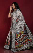 Pure Silk Hand Embroidery Hand Batik Kantha Stitch Saree in Stone Beige, Dark Brown, Off White and Multicolored Thread Work