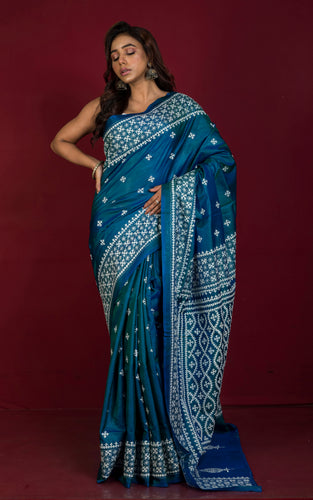 Hand Embroidery Kutch Work Pure Silk Saree in Dark Aegean Blue and Off White