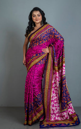 Tie-Dye Pure Silk Hand Embroidery Kantha Stitch Saree in Hot Pink, Royal Blue and Multicolored Thread Work