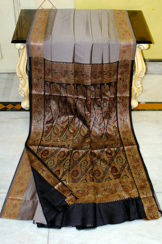 Pashmina Thread Work Gadwal Silk Sari in Grey Cloud and Black