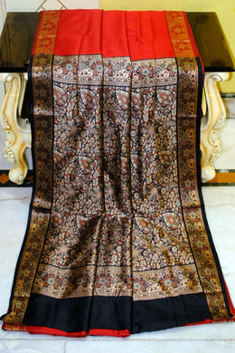 Pashmina Thread Work Gadwal Silk Sari in Ruby Red and Black