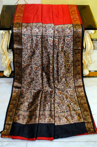 Pashmina Thread Work Gadwal Silk Sari in Ruby Red and Black