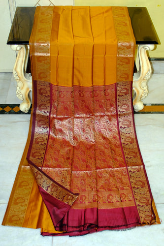 Pashmina Thread Work Gadwal Silk Sari in Yellow Ochre and Maroon