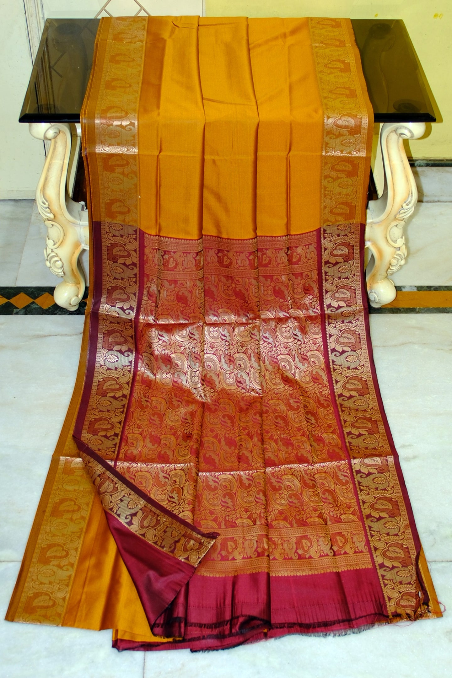 Pashmina Thread Work Gadwal Silk Sari in Yellow Ochre and Maroon