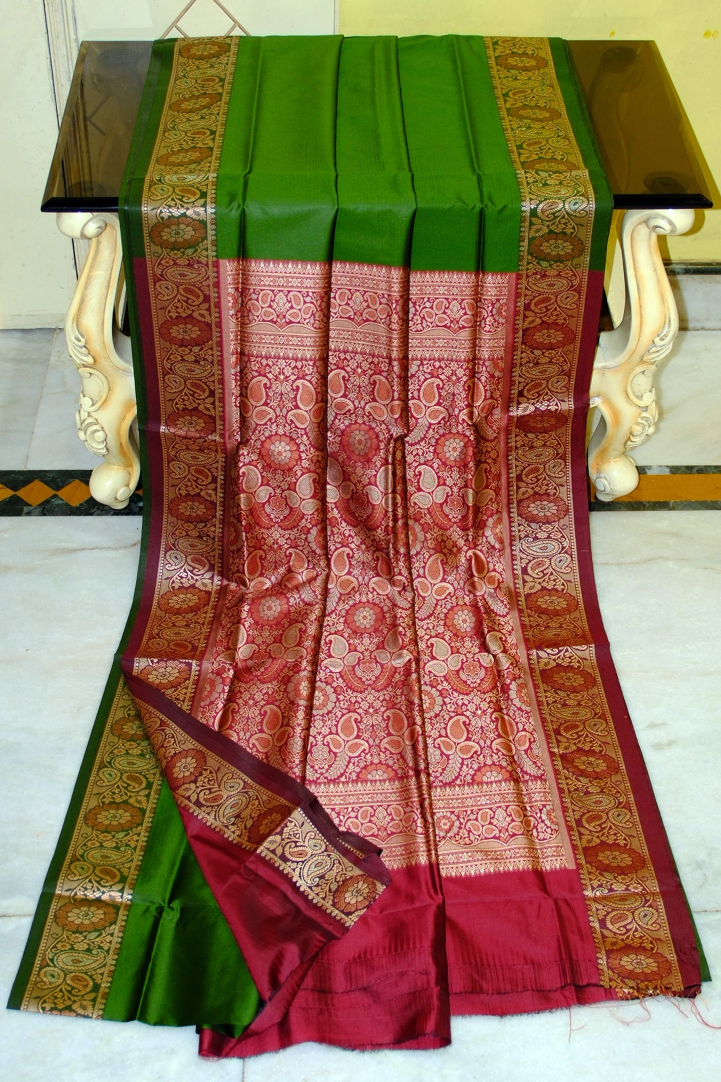Pashmina Thread Work Gadwal Silk Sari in Napier Green and Deep Carmine