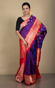 Woven Jacket Nakshi Border Pure Katan Banarasi Silk Saree in Purple, Red and Antique Gold