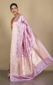 Handwoven Jangla Jaal Work Pure Katan Banarasi Silk Saree in Frosted Purple and Matt Gold
