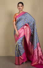 Handwoven Designer Checks Katan Banarasi Silk Saree in Royal Blue, Minion Yellow and Hot Pink