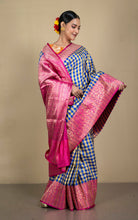 Handwoven Designer Checks Katan Banarasi Silk Saree in Royal Blue, Minion Yellow and Hot Pink