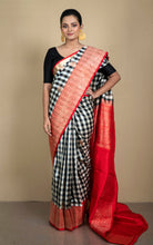 Handwoven Designer Checks Katan Banarasi Silk Saree in Black, Atrium White and Bright Red