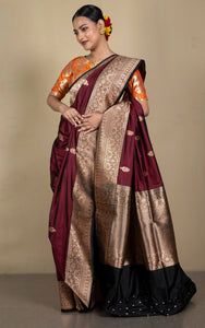 Handwoven Pure Katan Banarasi Silk Saree in Burnt Umber, Black and Antique Gold