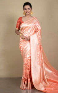 Jangla Jaal Work Pure Katan Banarasi Silk Saree in Creamy Peach and Antique Silver